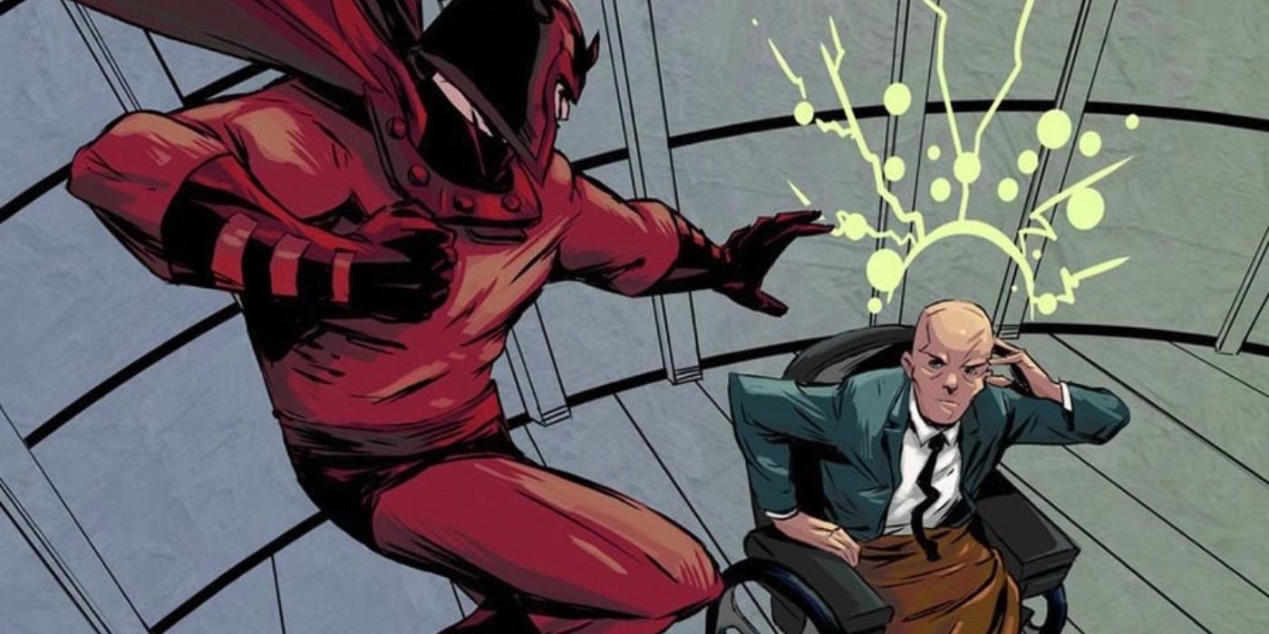 Magneto leaping into attack against Professor X in the comics