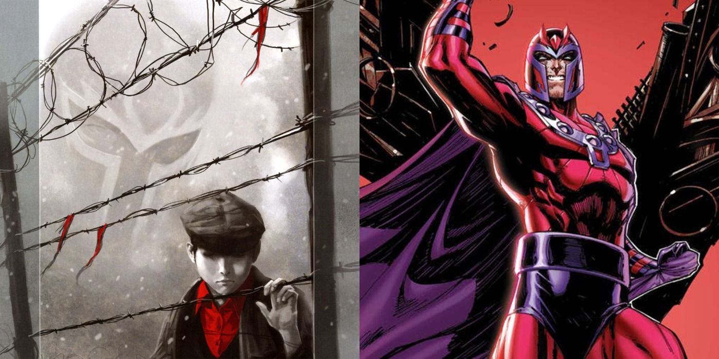 Split image of a young Magneto in a concentration camp and in his red Magneto suit