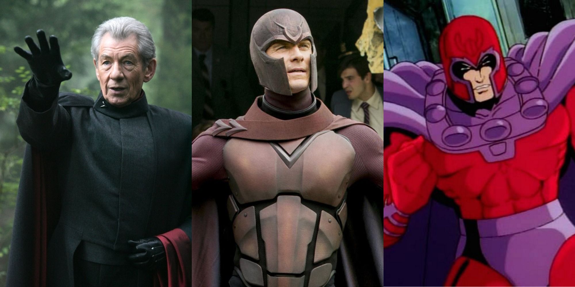 Split image of Ian McKellen, Michael Fassbender, and the animated version of Magneto