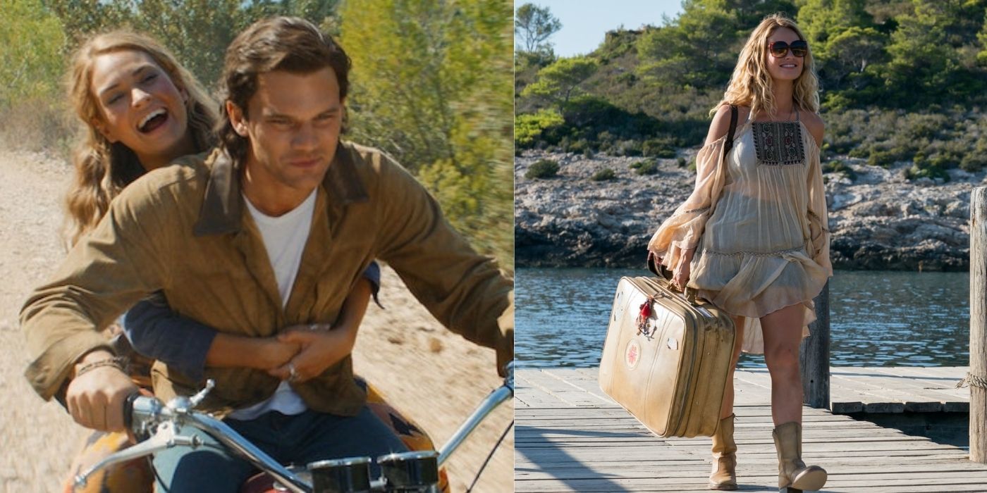 Split image of Lily James in Mamma Mia Here We Go Again