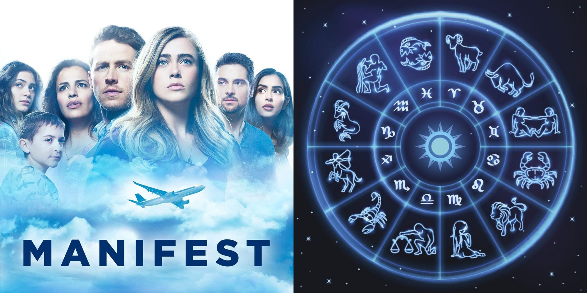 Split image showing the poster for Manifest and a zodiac wheel