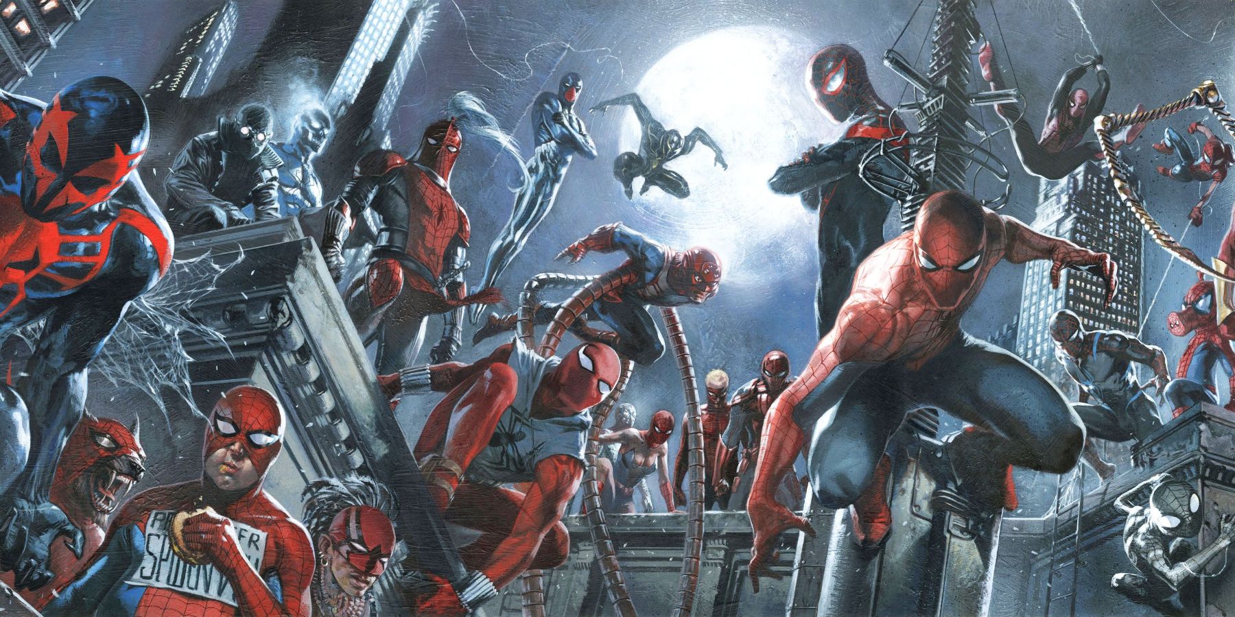 Many Spider-People in promotional banner for Spider-Verse