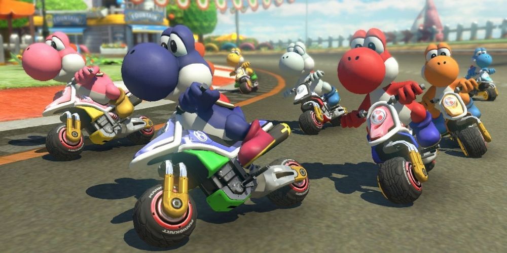 A herd of Yoshi's race each other on motorcycles in Mario Kart 8