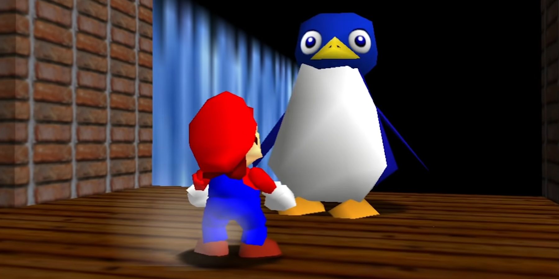 Mario challenging the penguin to a race inside Cool Cool Mountain in Super Mario 64