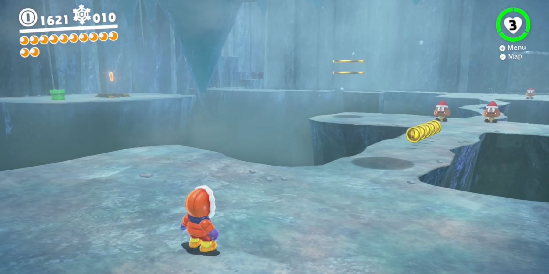 Mario entering the icicle caverns in the Snow Kingdom in Super Mario Odyssey