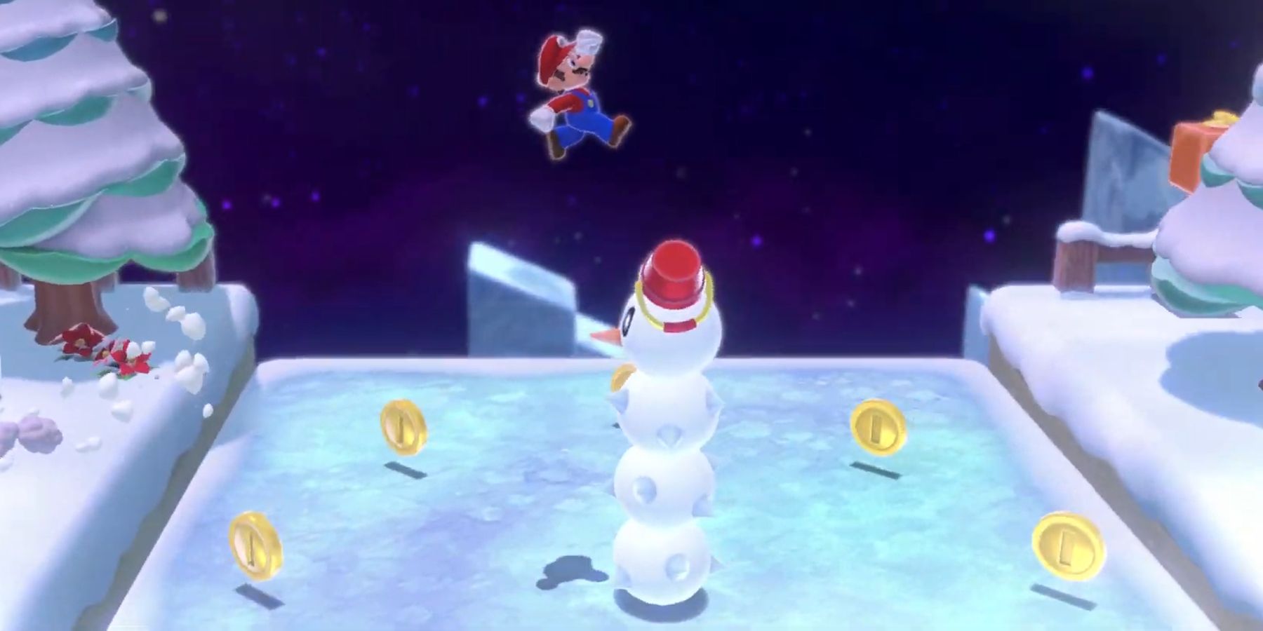 Mario leaping over a Snow Pokey in Snowball Park of Super Mario 3D World