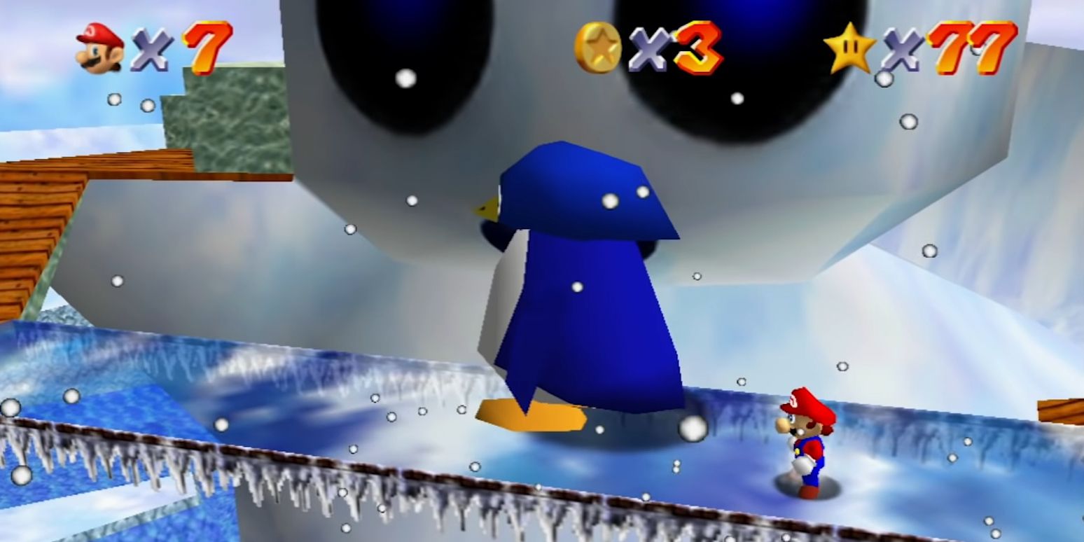 Mario on top of the snowman in Snowman's Land in Super Mario 64