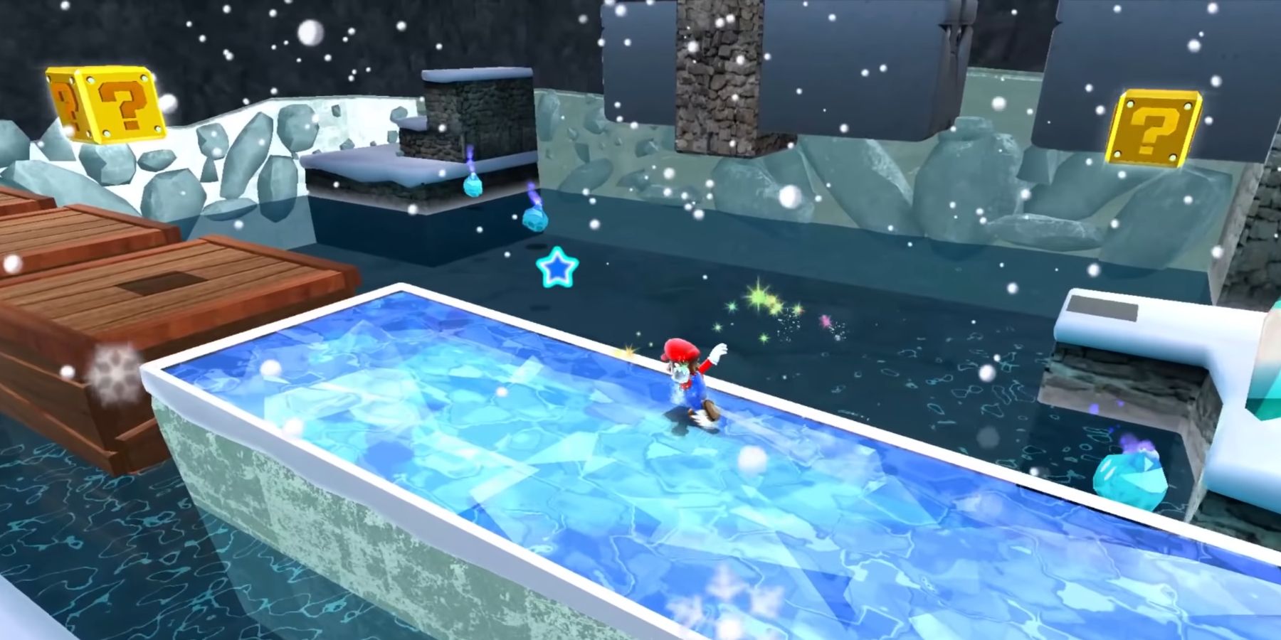 Mario skating through Freezeflame Galaxy in Super Mario Galaxy
