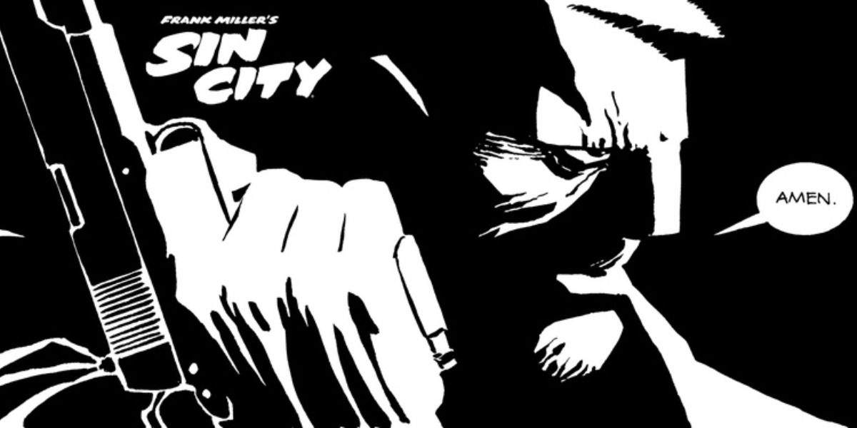 Marv holding a gun in black and white art for Sin City