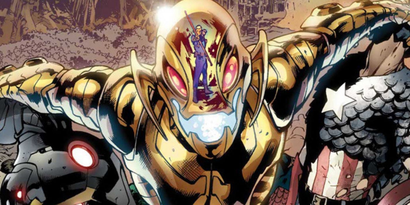 Ultron com o Gavião Arqueiro refletido em seu capacete nos quadrinhos da Marvel