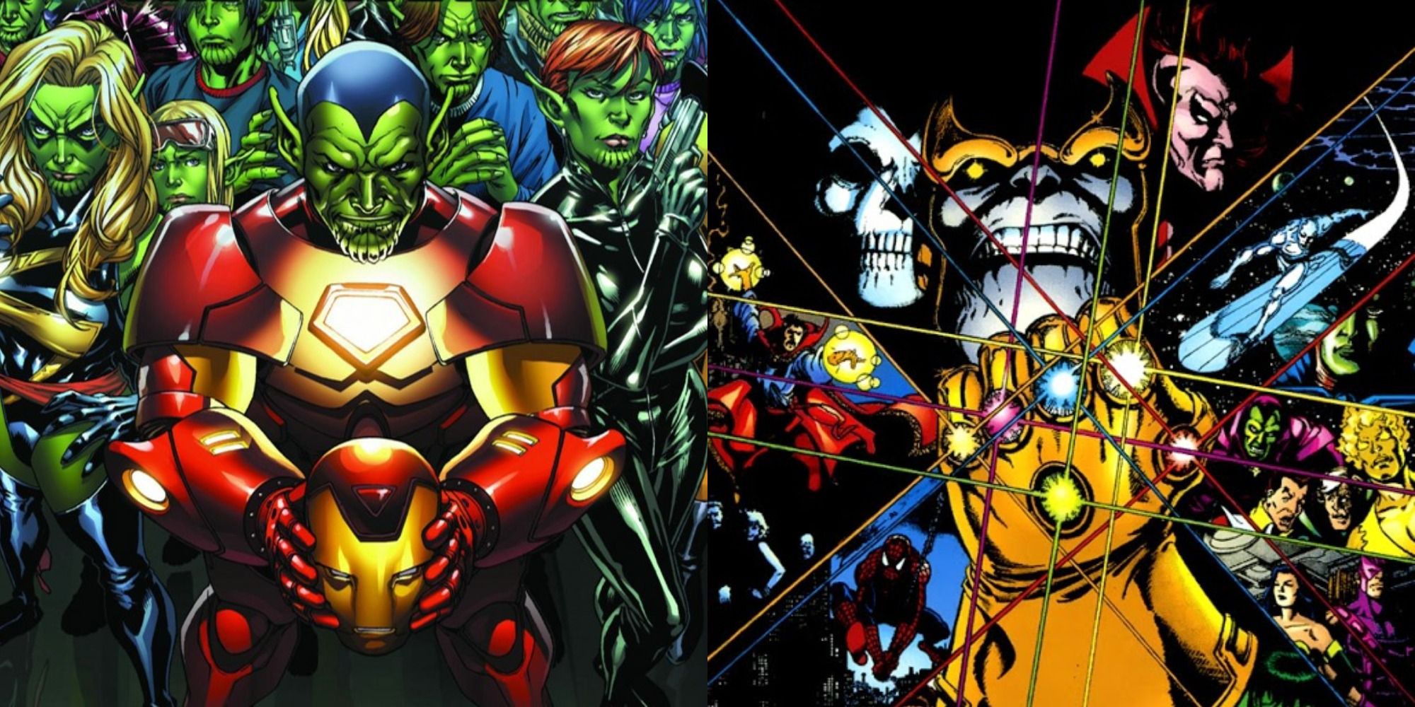 Split image showing the Skrulls in heroes' costumes and Thanos with the Infinity Gauntlet in Marvel comics