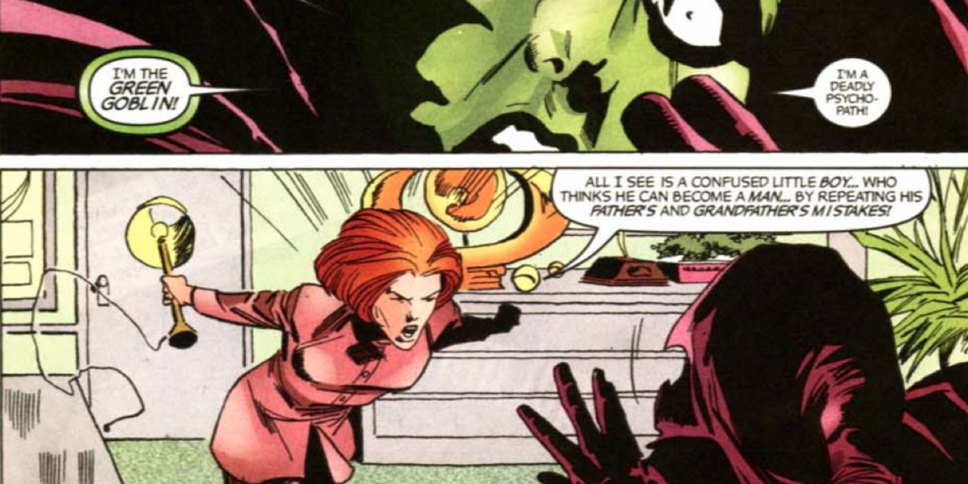 Mary Jane attacks the Green Goblin in MC2 comics.