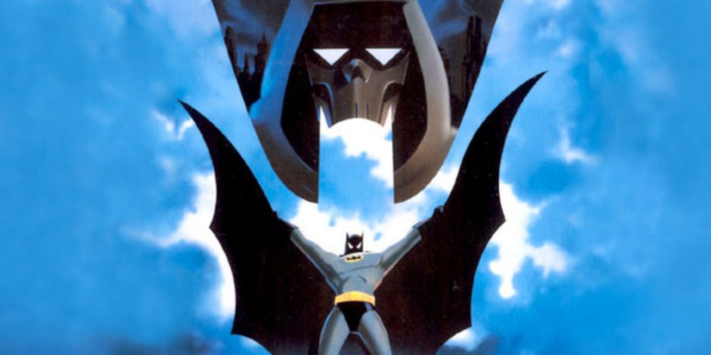 Batman extending his flowing cape with the titular Phantasm's mask looming overhead