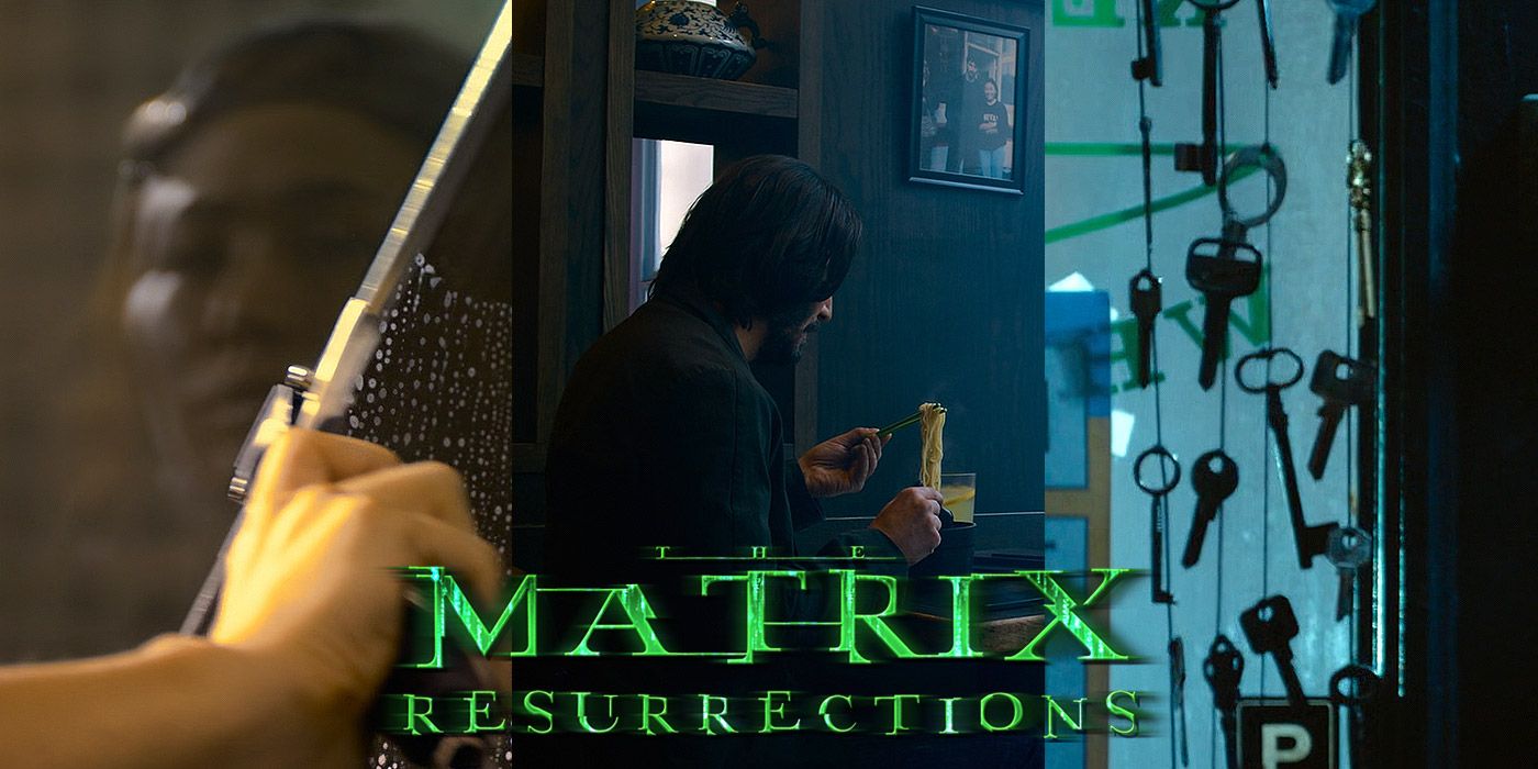 Split image of a window washer, Neo and a window of keys in The Matrix Resurrections
