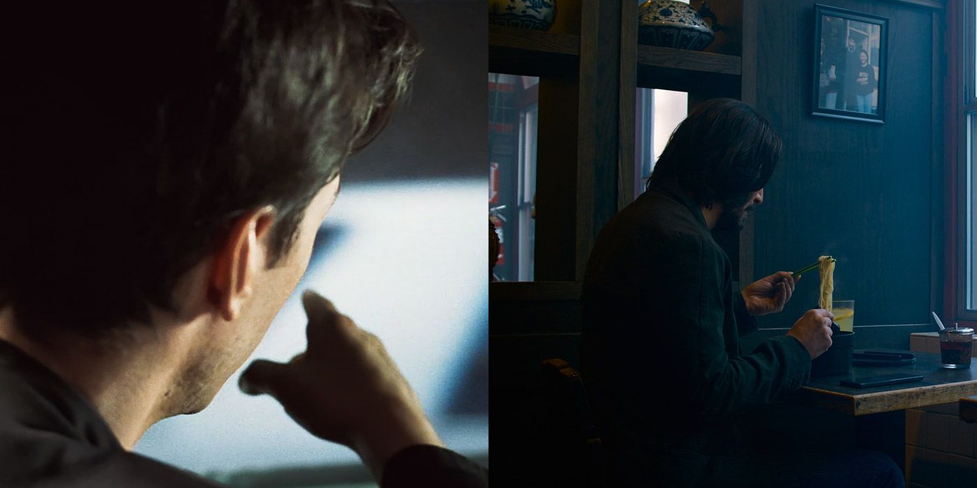 Split image of Neo eating noodles in The Matrix Resurrections
