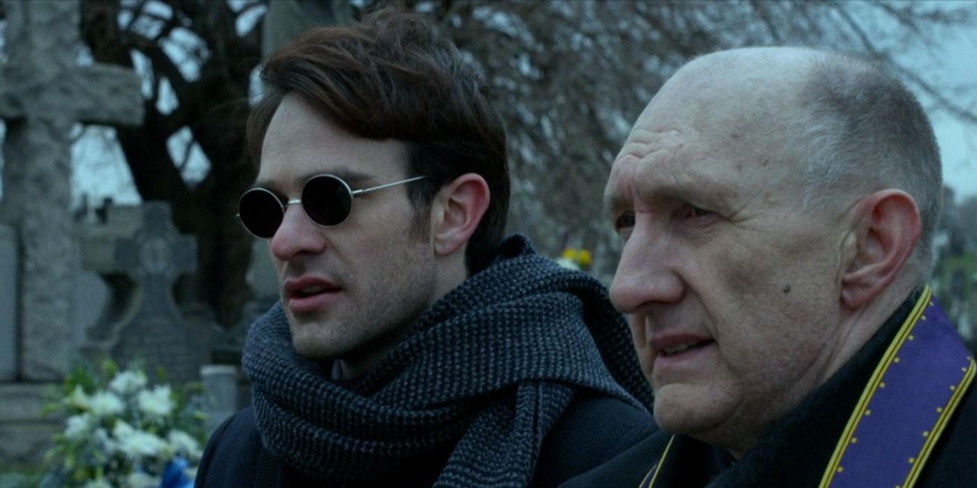 Matt Murdock and Father Lantom at a funeral in Netflix's Daredevil