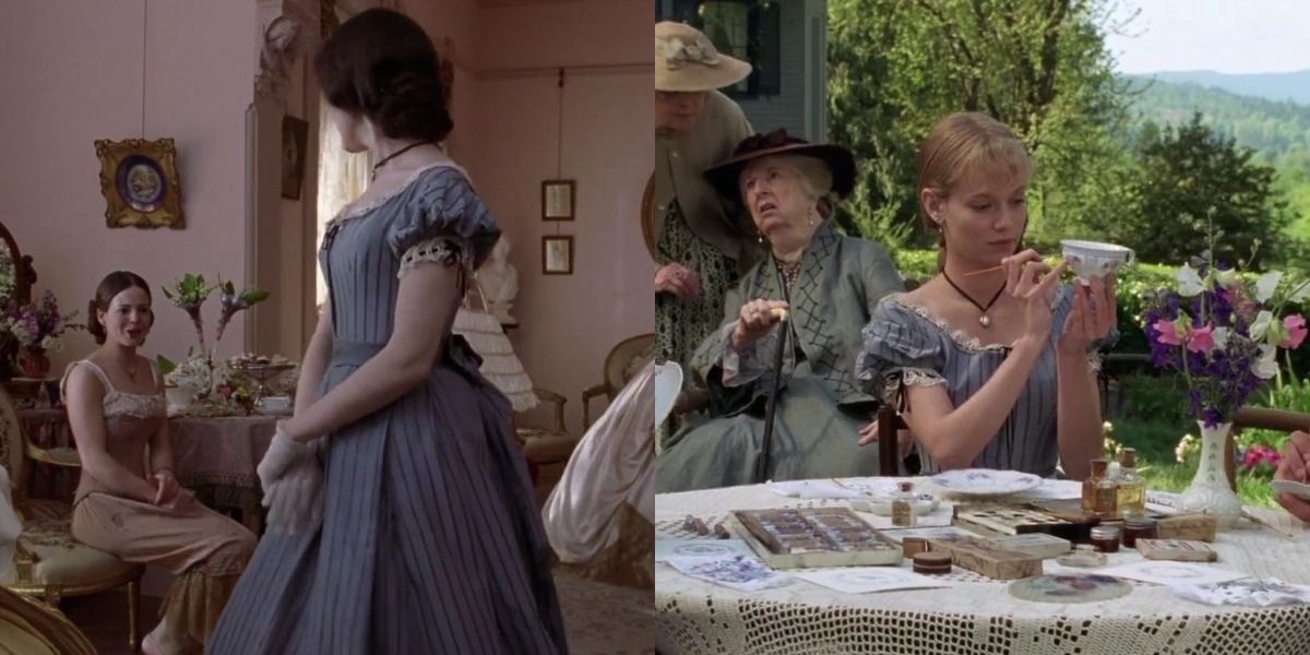 Split Image of Meg and Amy March in the same blue dress in Little Women