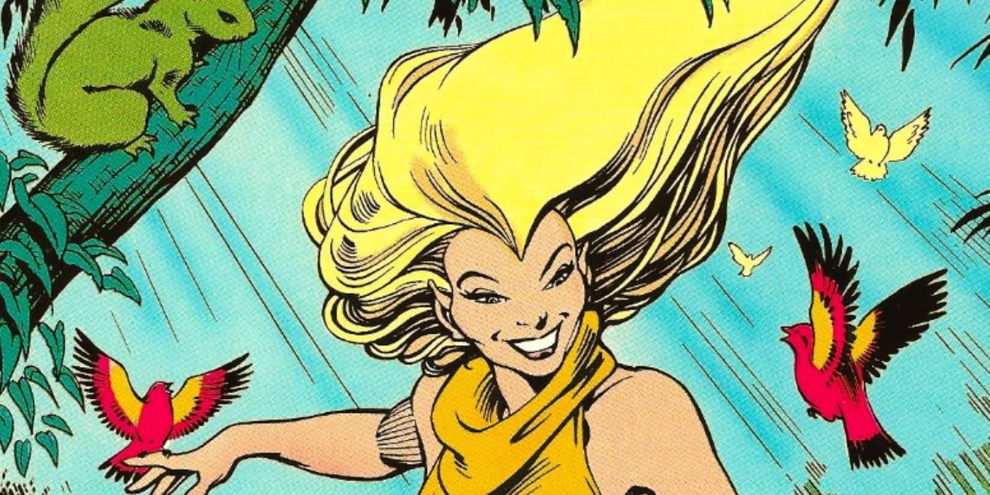 Meggan flies with birds in Marvel Comics.