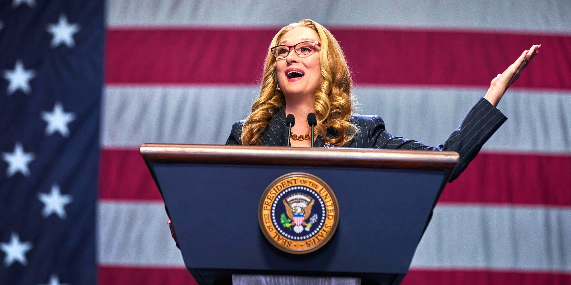 Meryl Streep as President Orlean at the rally in Don't Look Up