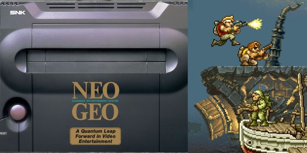 The Neo Geo box next to a scene from Metal Slug