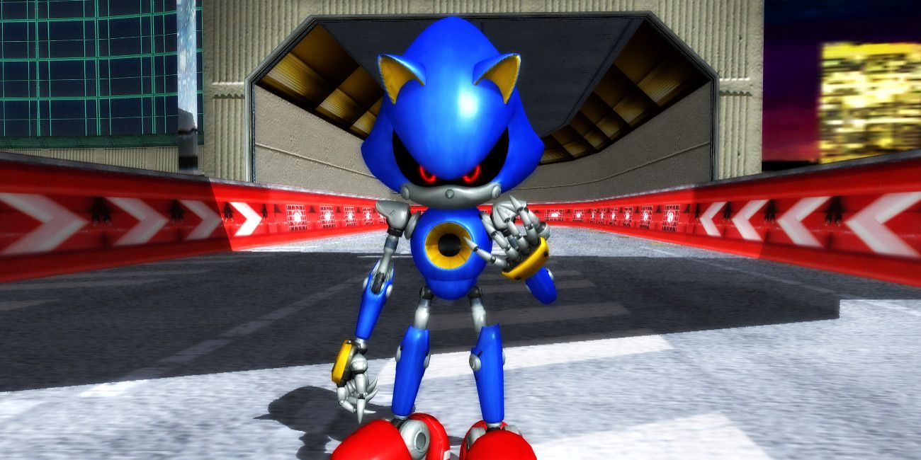 Metal Sonic stands in a Sonic video game.