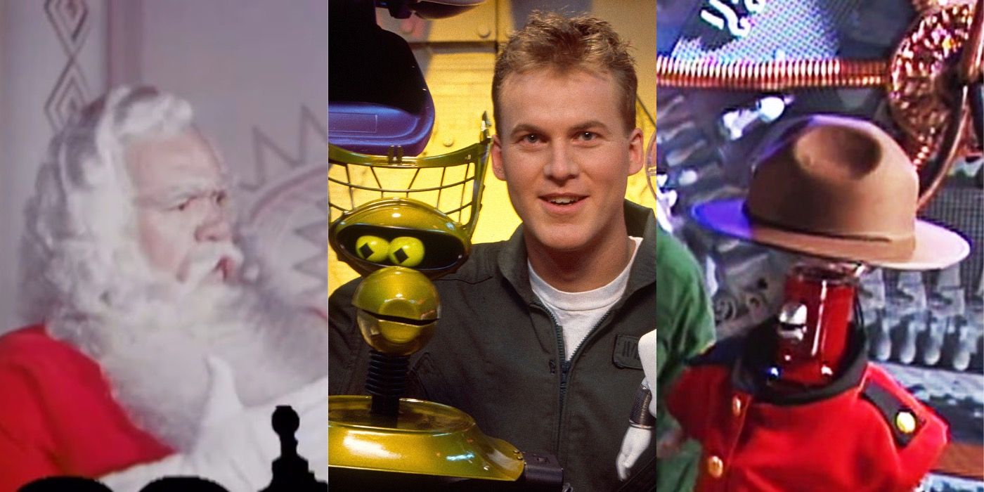 Split image: Santa Claus, Crow, Mike and Tom Servo, all as seen on MST3K.