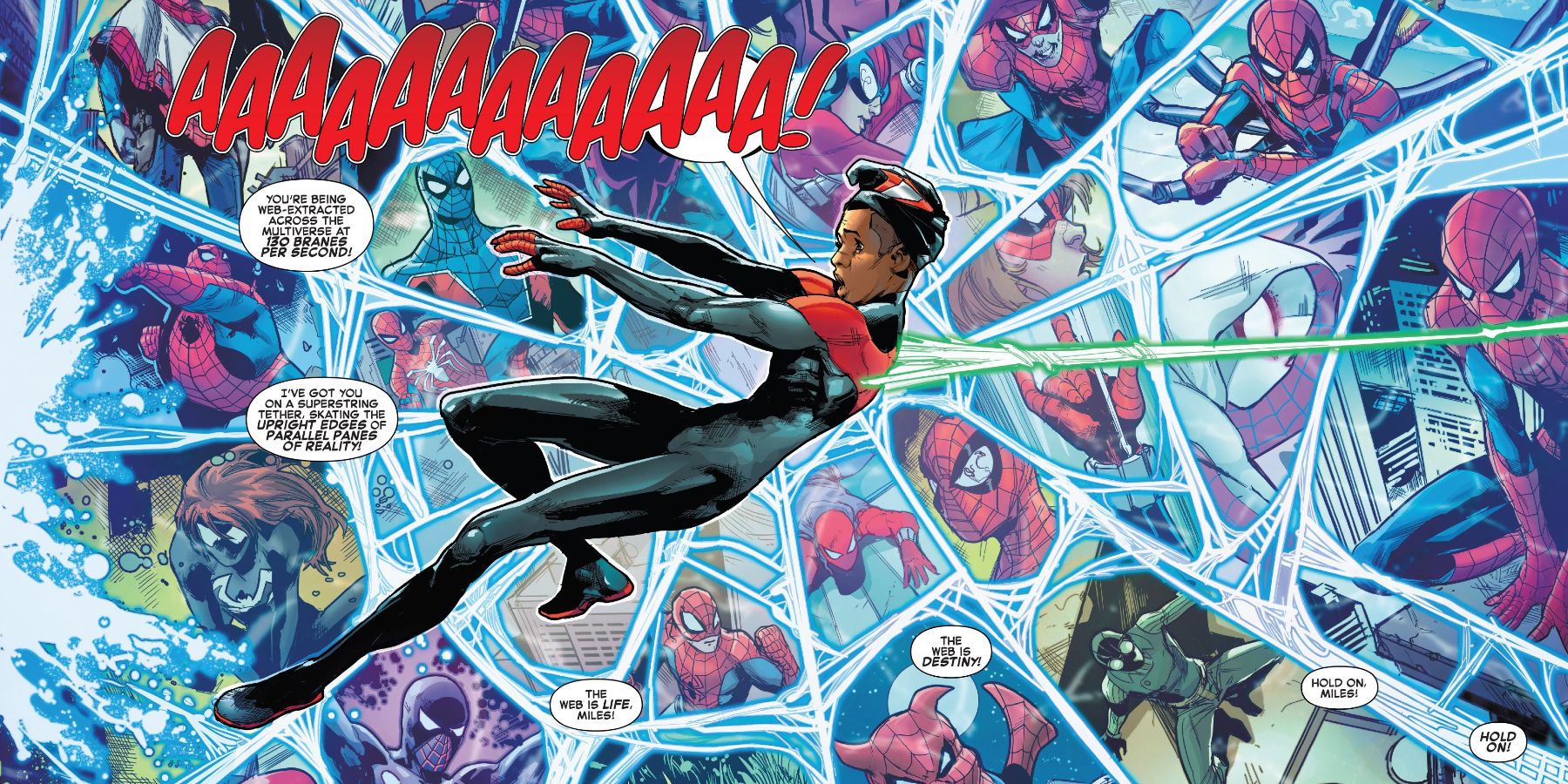 Miles Morales being pulled through the Spider-Verse by a mysterious web in Spider-Verse Spider-Zero