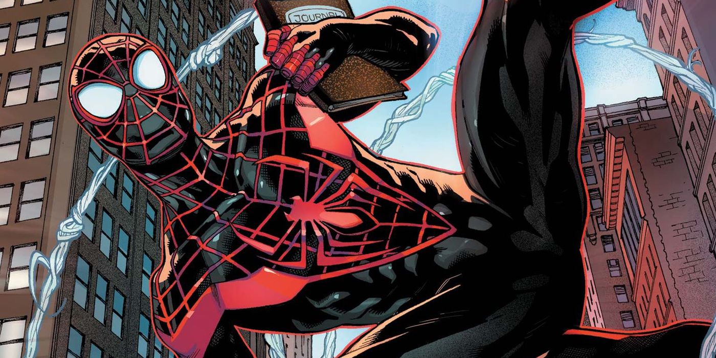 Miles Morales swinging through Brooklyn as Spider-Man in Marvel Comics.