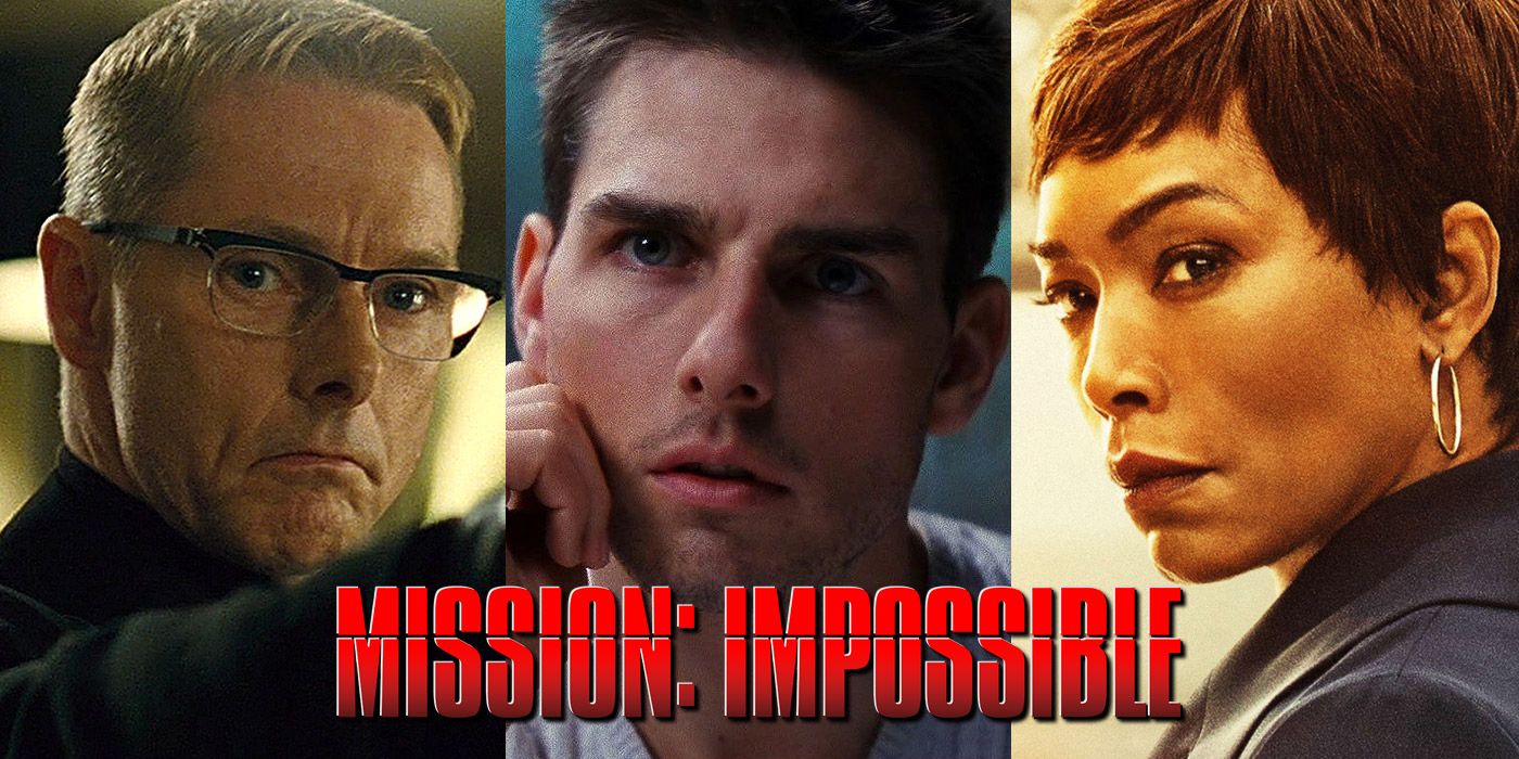 Split image of Solomon grimacing, Ethan looking curious and Erika looking fierce in Mission: Impossible