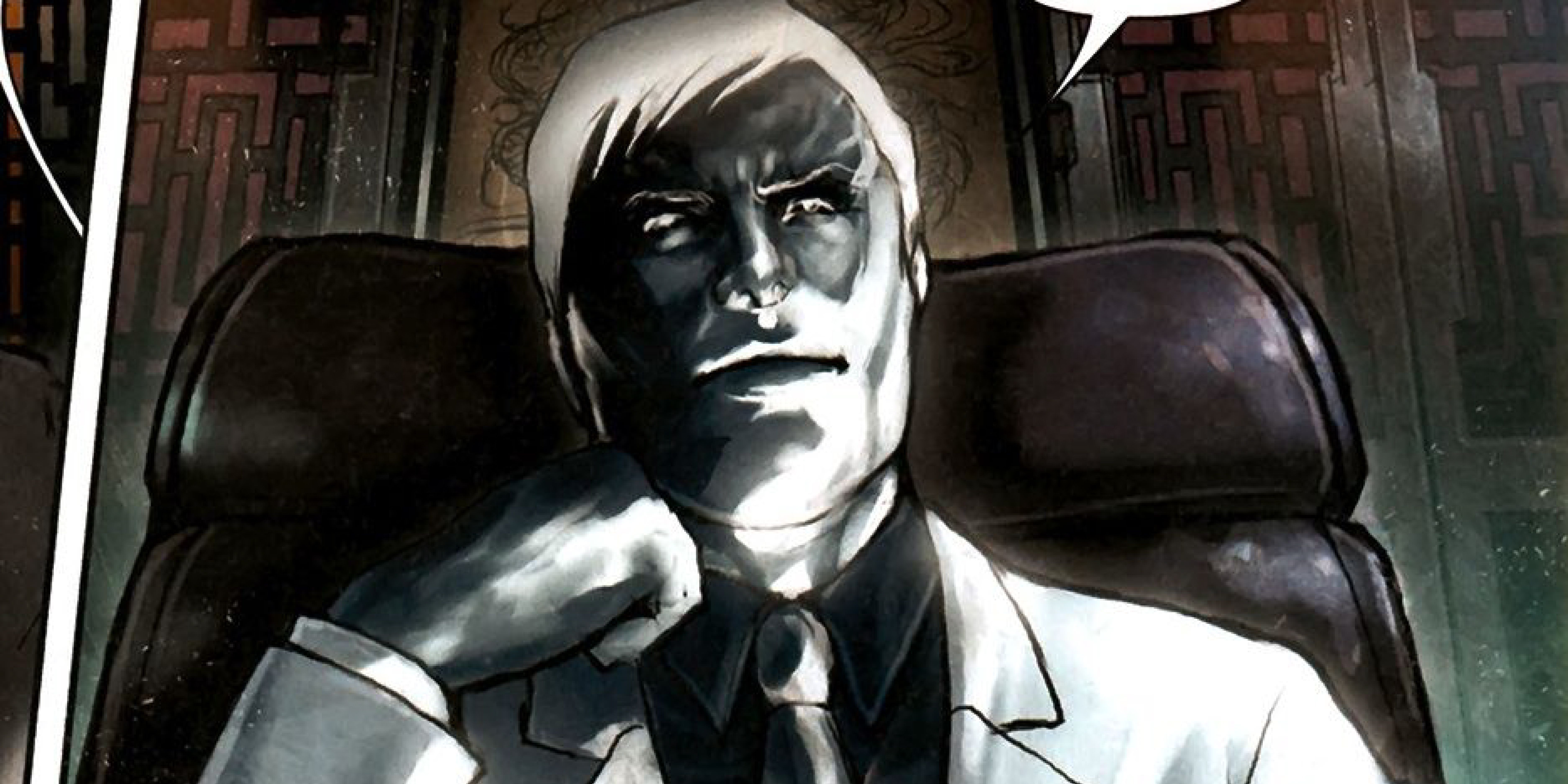 Mr Negative sitting in his office in the Marvel comics