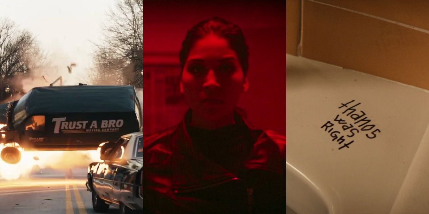 Three images showing an exploding van, Echo in a red room, and a vandalized urinal in Hawkeye.