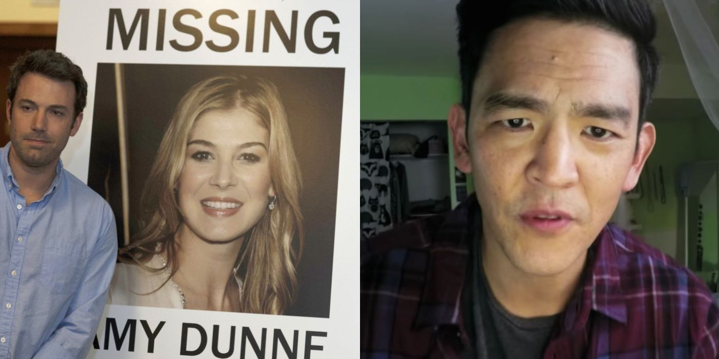 Split image of Nick and a missing poster of Amy in Gone Girl and David in Searching