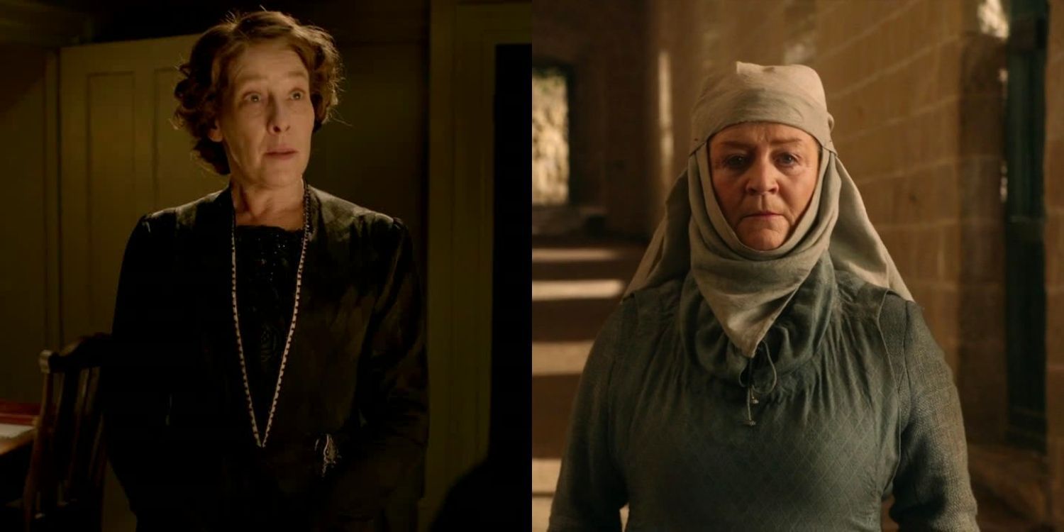 Mrs Hughes in a dark dress in Downton Abbey and Septa Mordane in a habit in a hallway in Game of Thrones