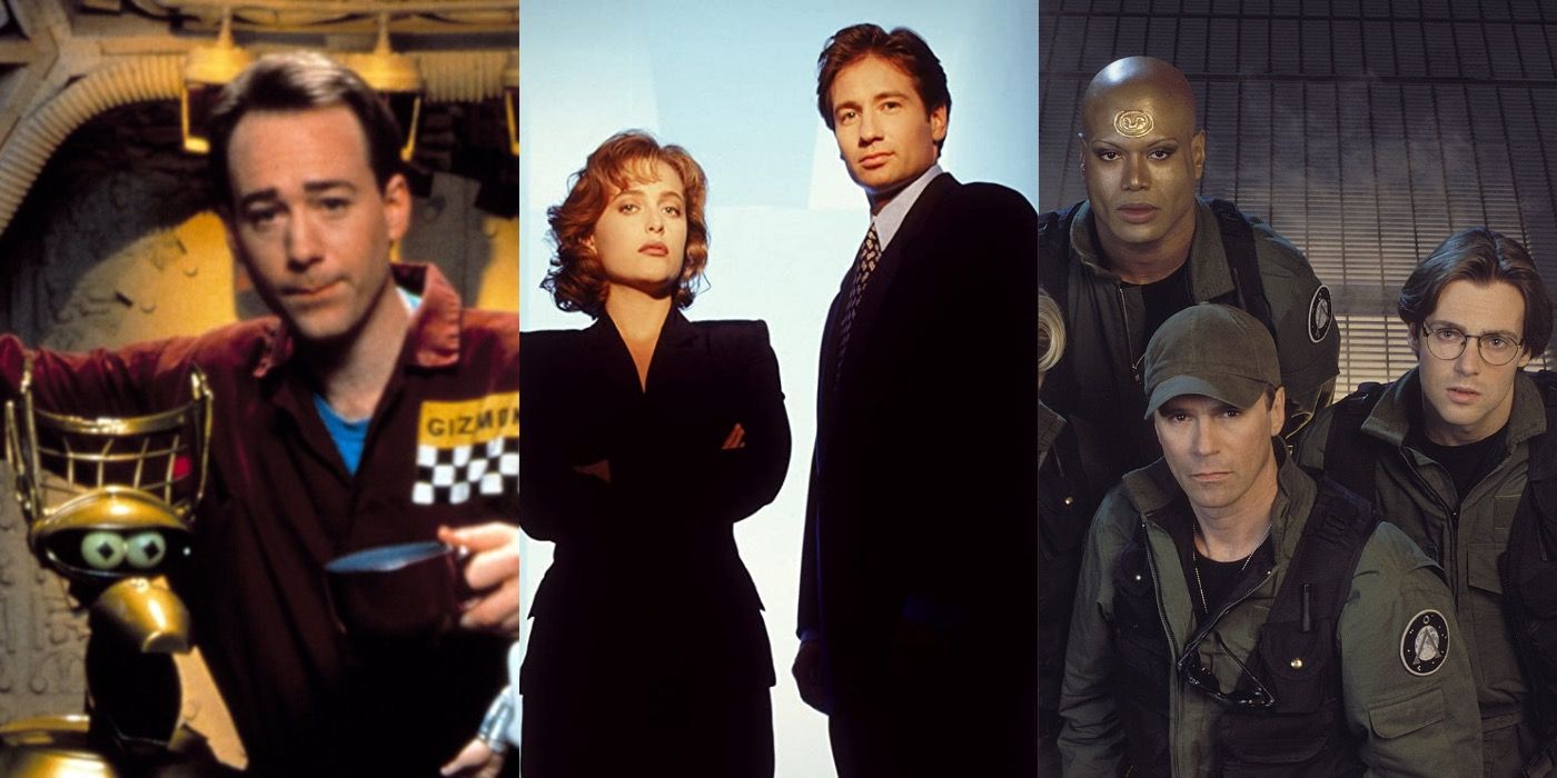 Split image of characters from Mystery Science Theater 3000, X-Files, and Stargate SG-1
