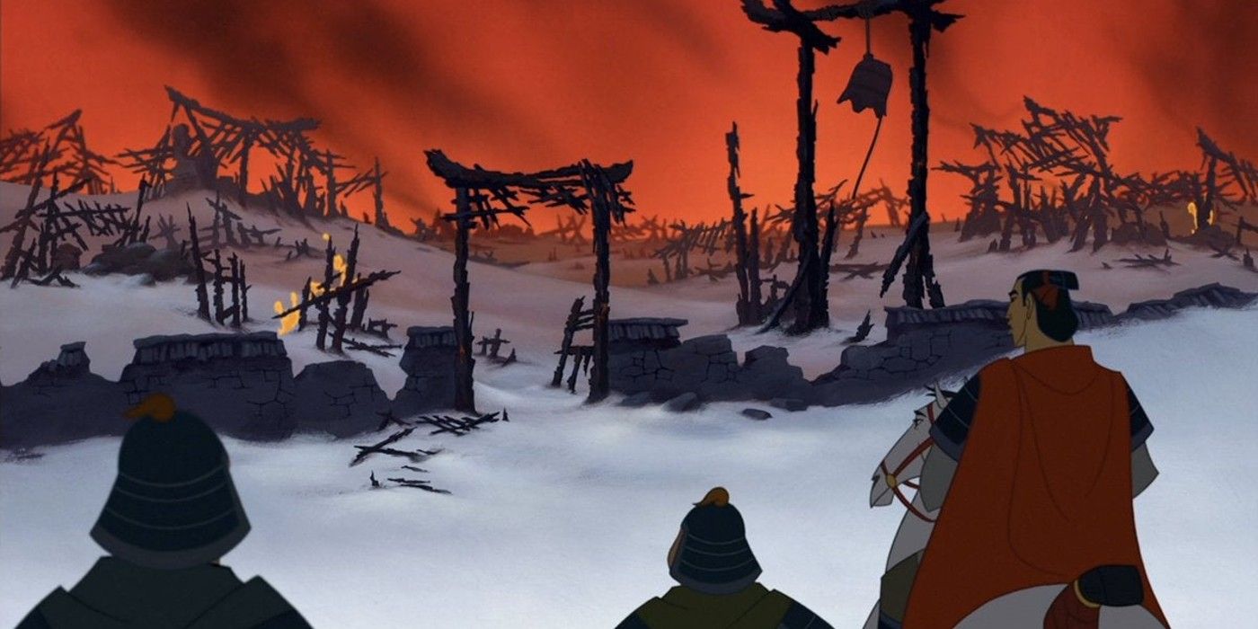 Shang observes the wreckage of a town in the original animated Mulan