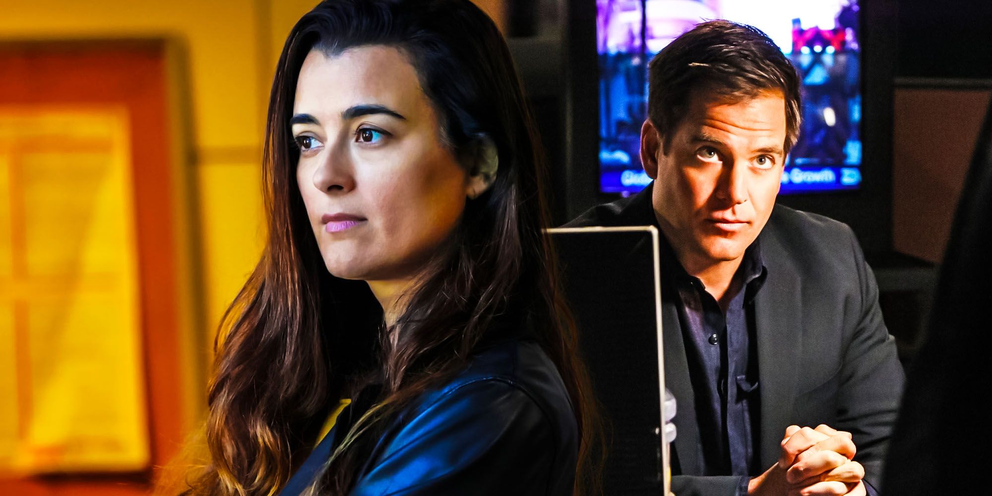 A split image of Cote de Pablo as Ziva David and Michael Weatherly as Tony DiNozzo from NCIS