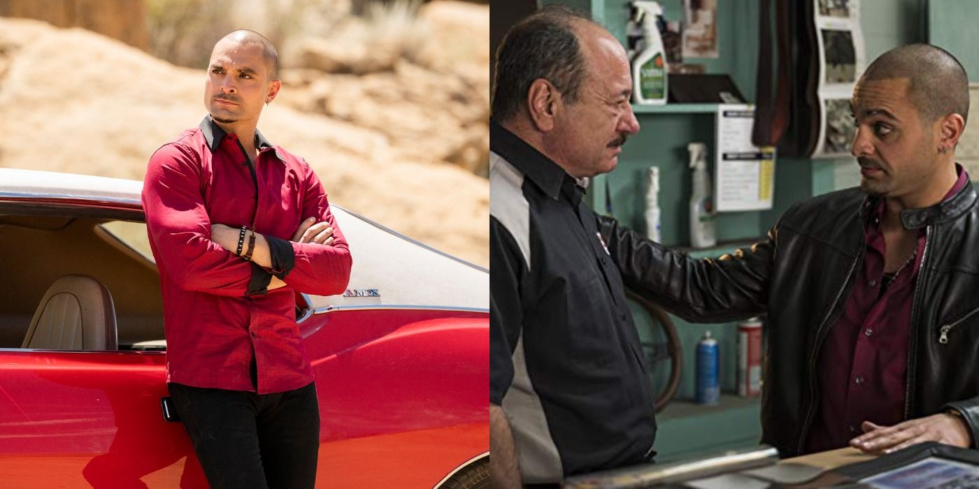 Split image showing Nacho in the desert and Nacho chatting with his father in Better Call Saul