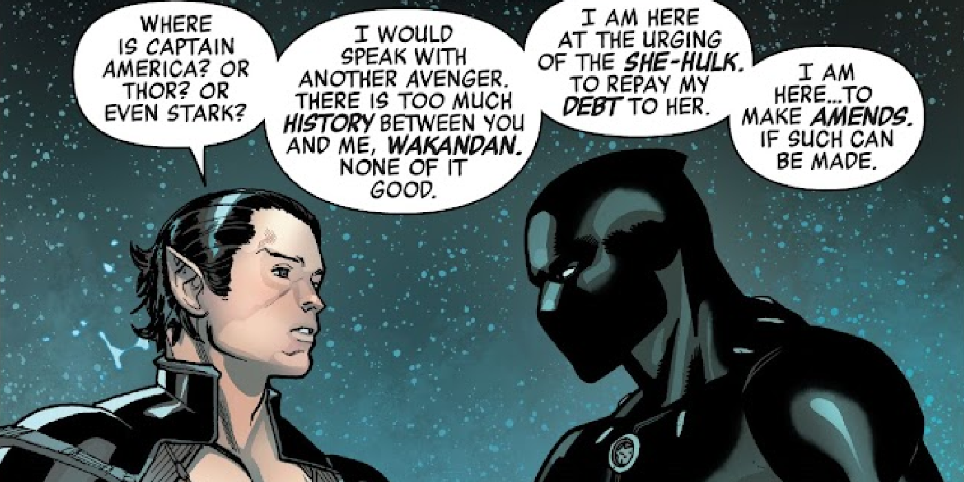 Namor and Black Panther talk in Marvel Comics.