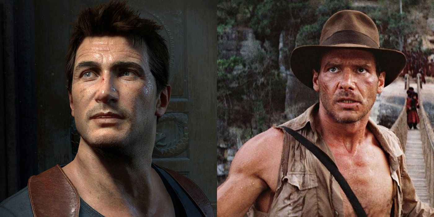 Split image of Nathan Drake in Uncharted 4 and Harrison Ford as Indiana Jones cornered on a bridge in The Temple of Doom 