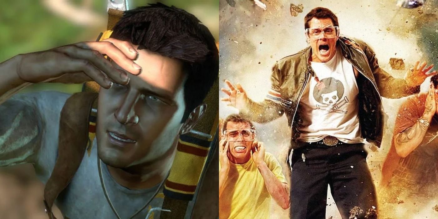 Split image of Nate under the shade in Uncharted 1 and Johnny Knoxville in front of an explosion for a Jackass promo