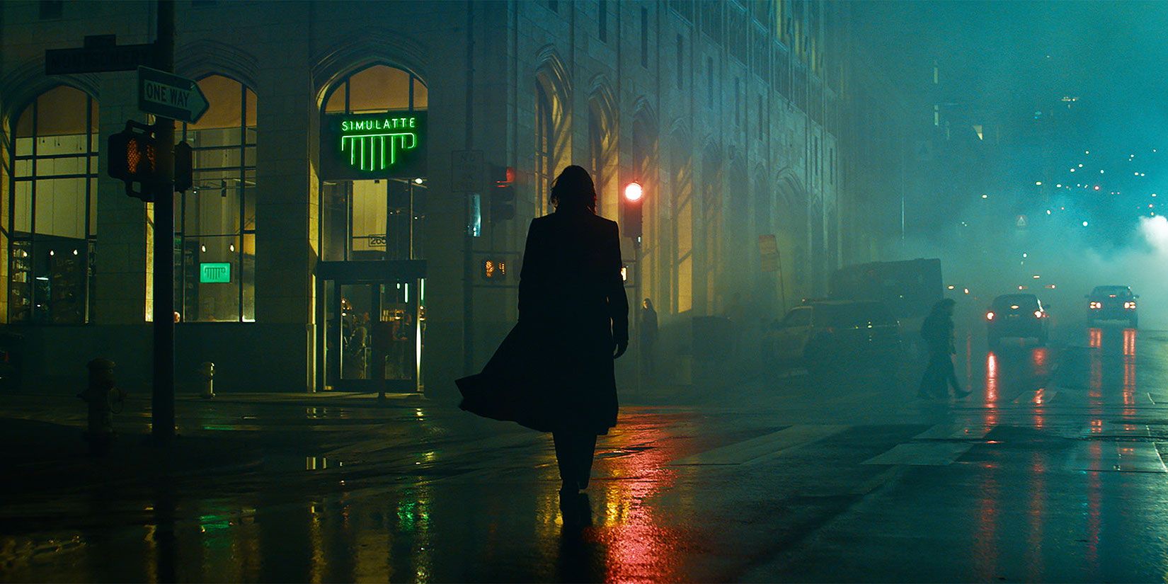Neo walks through a digital street in The Matrix Resurrections