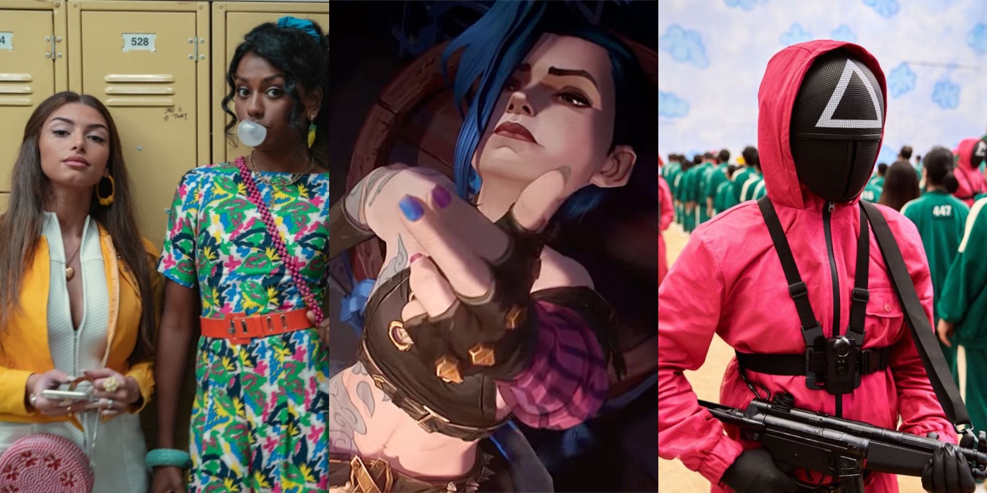 Split image of Ruby and Olivia in sex Education, Jinx ponting her fingers as a gun in Arcane, and a guard in Squid Game