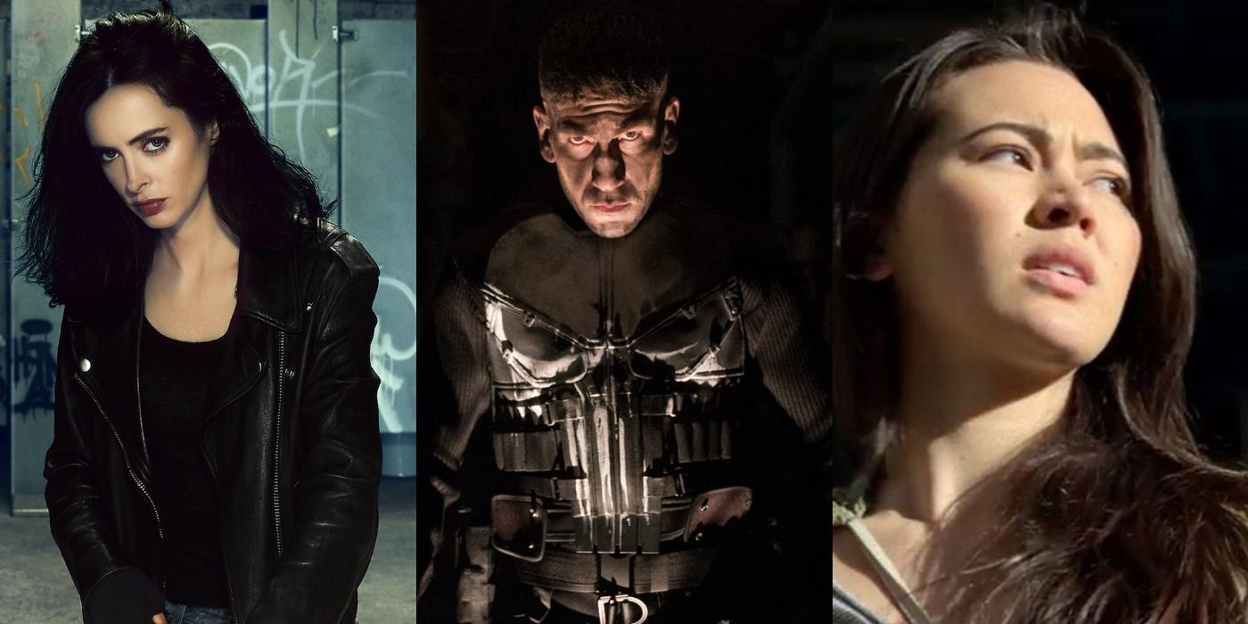 Three side by side images of Jessica Jones, The Punisher, and Colleen Wing from the Netflix Marvel shows