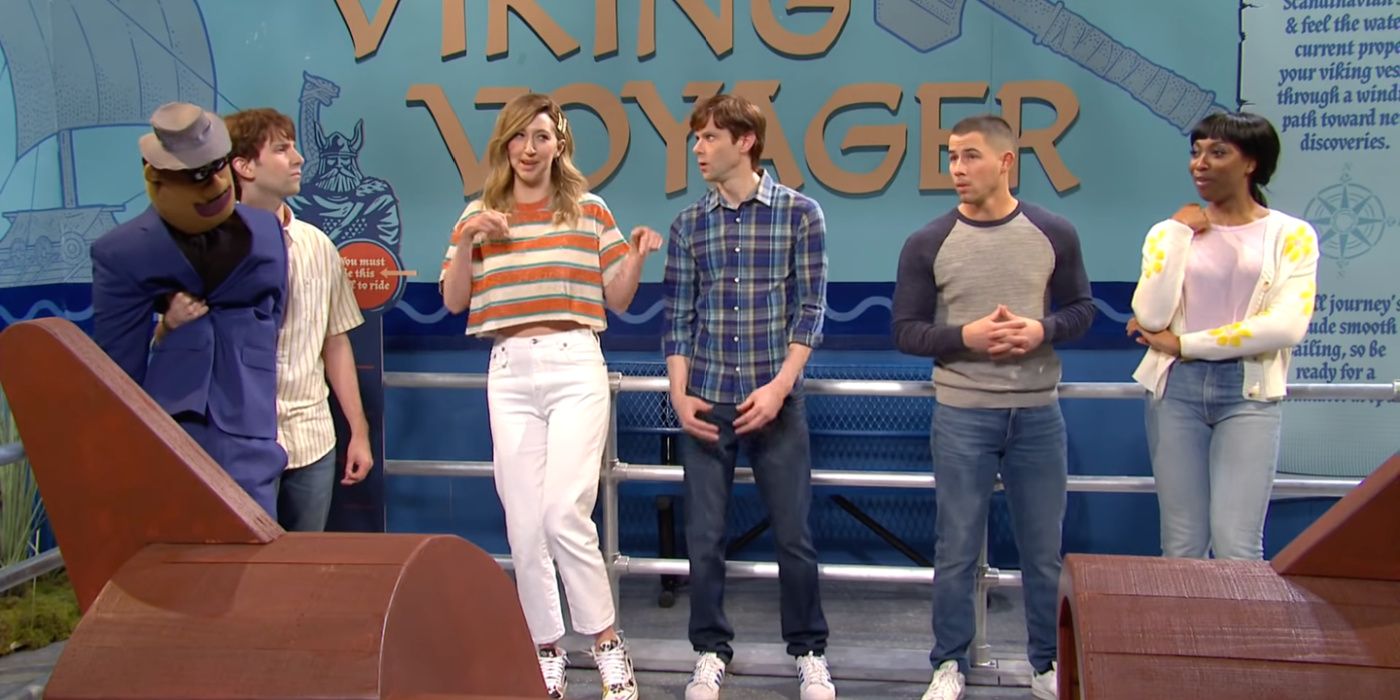 Nick Jonas, Heidi Gardner, Kyle Mooney, Ego Nwodem, and Mikey Day wait for a rollercoaster on SNL