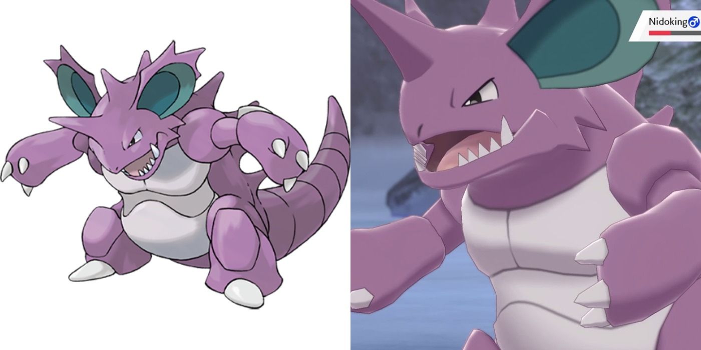 Split image of Nidoking's official art and a wild one in Pokémon Sword and Shield