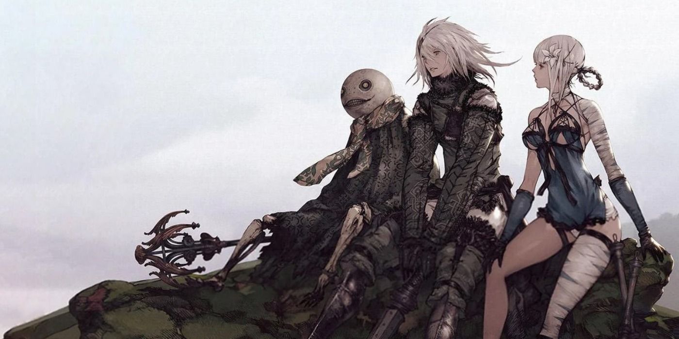 The main cast of NieR Replicant sitting on a hilltop under a gray sky