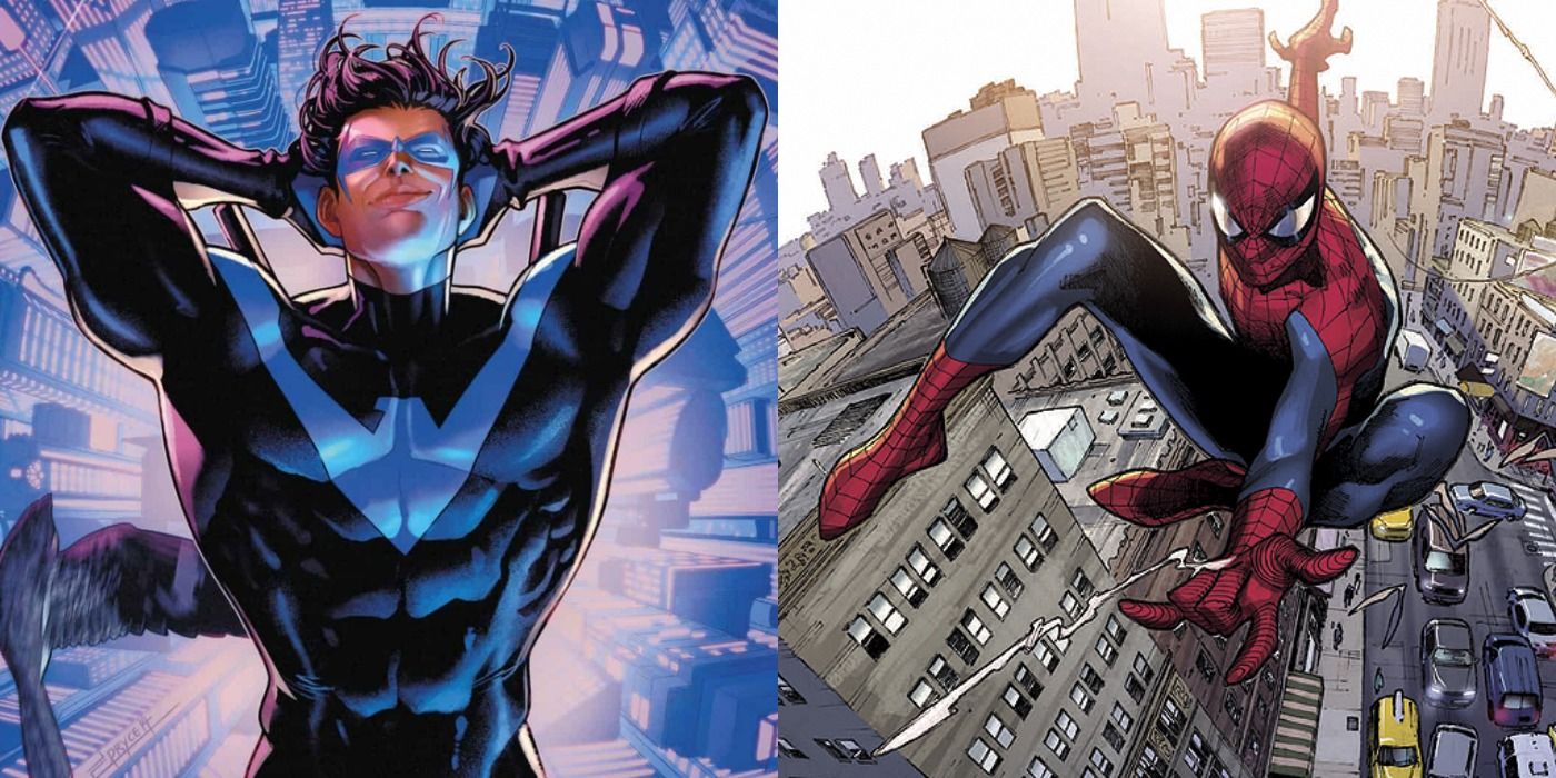 Split image of Nightwing nonchalantly falling through the city and Spider-Man swinging above New York
