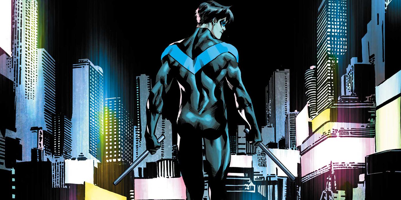 Nightwing looking out over his town of Bludhaven.