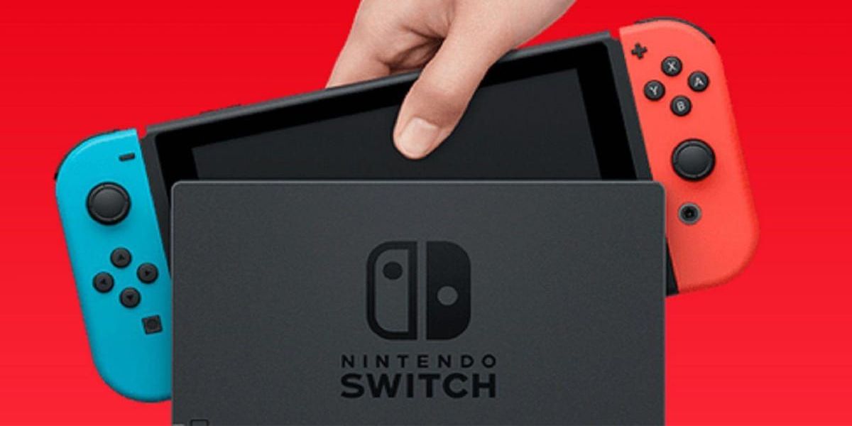 A Nintendo Switch console on a red background.