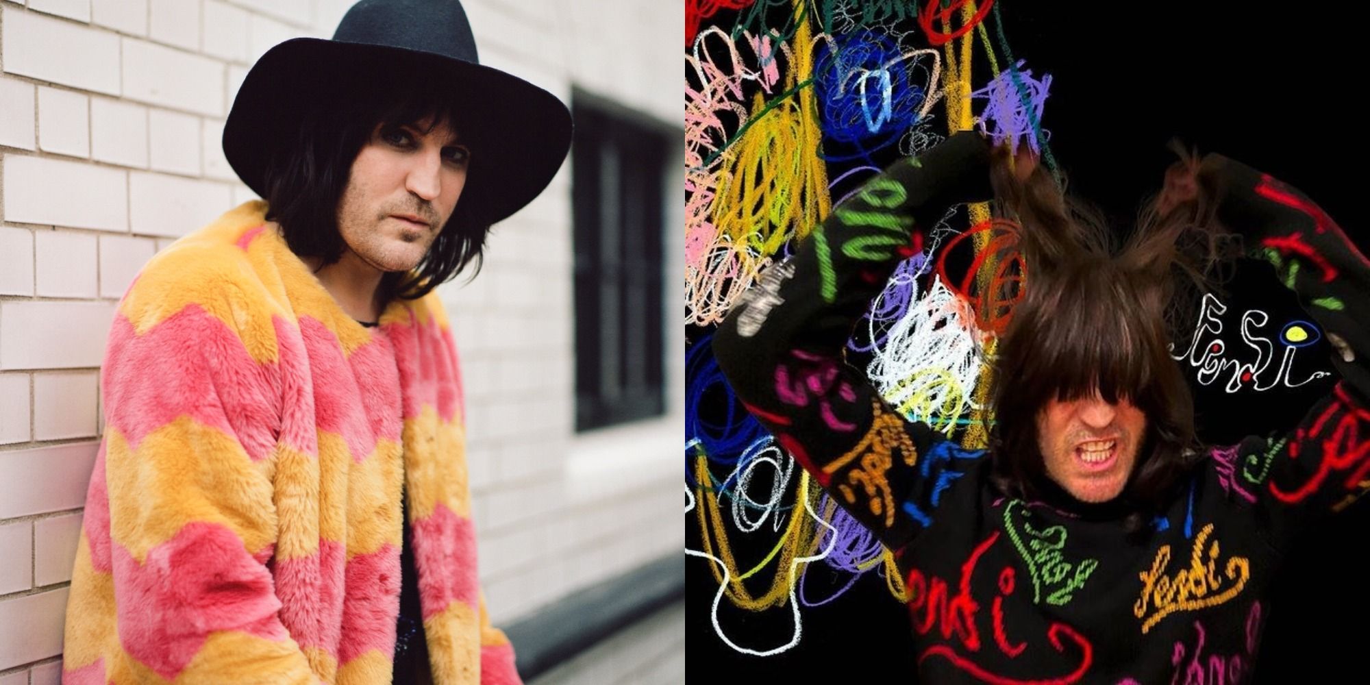 Split image showing Noel Fielding posing alone and with his artwork